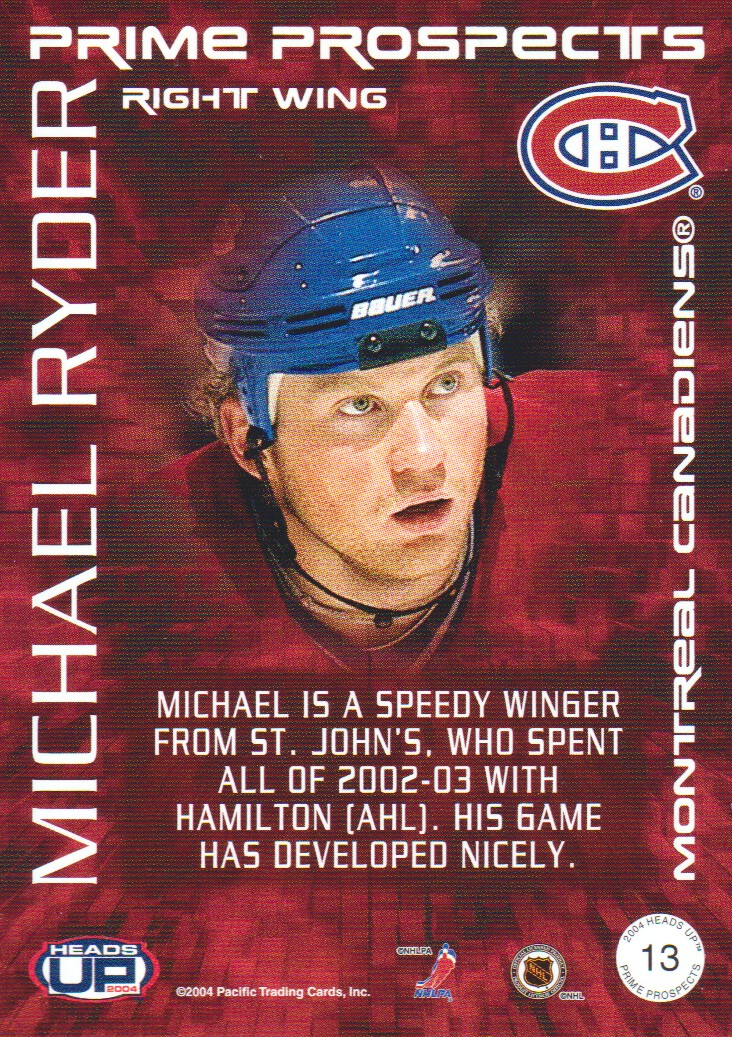 2003-04 Pacific Heads Up Prime Prospects #13 Michael Ryder back image