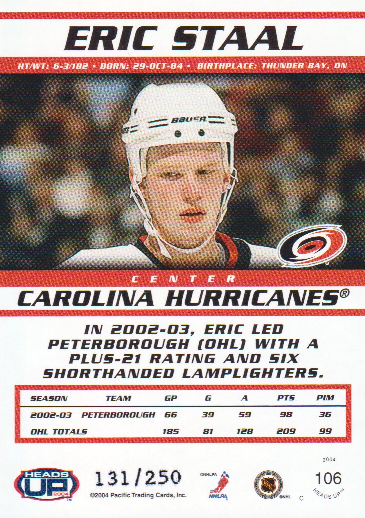 2003-04 Pacific Heads Up Hobby LTD #106 Eric Staal back image