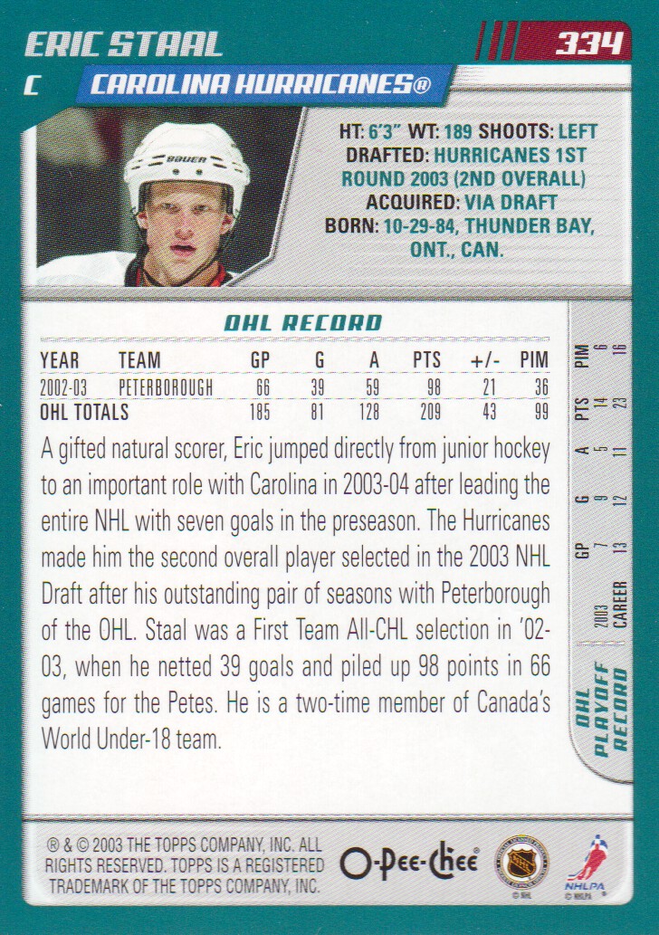 2003-04 O-Pee-Chee #334 Eric Staal RC back image