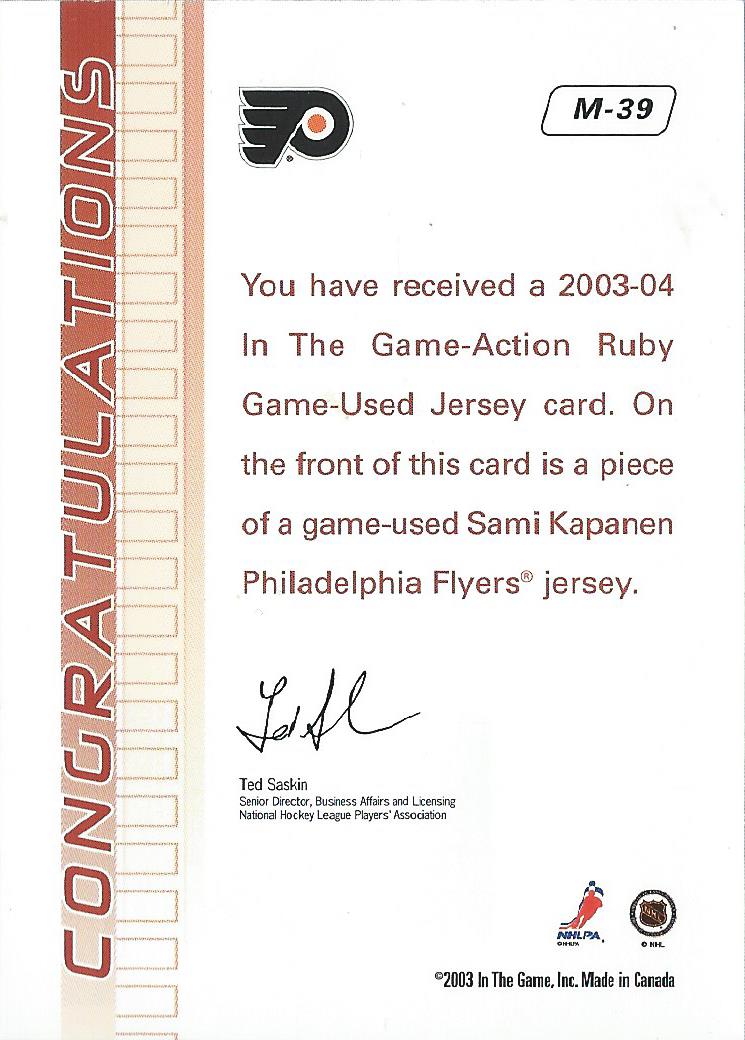 2003-04 ITG Action Jerseys #M39 Sami Kapanen back image