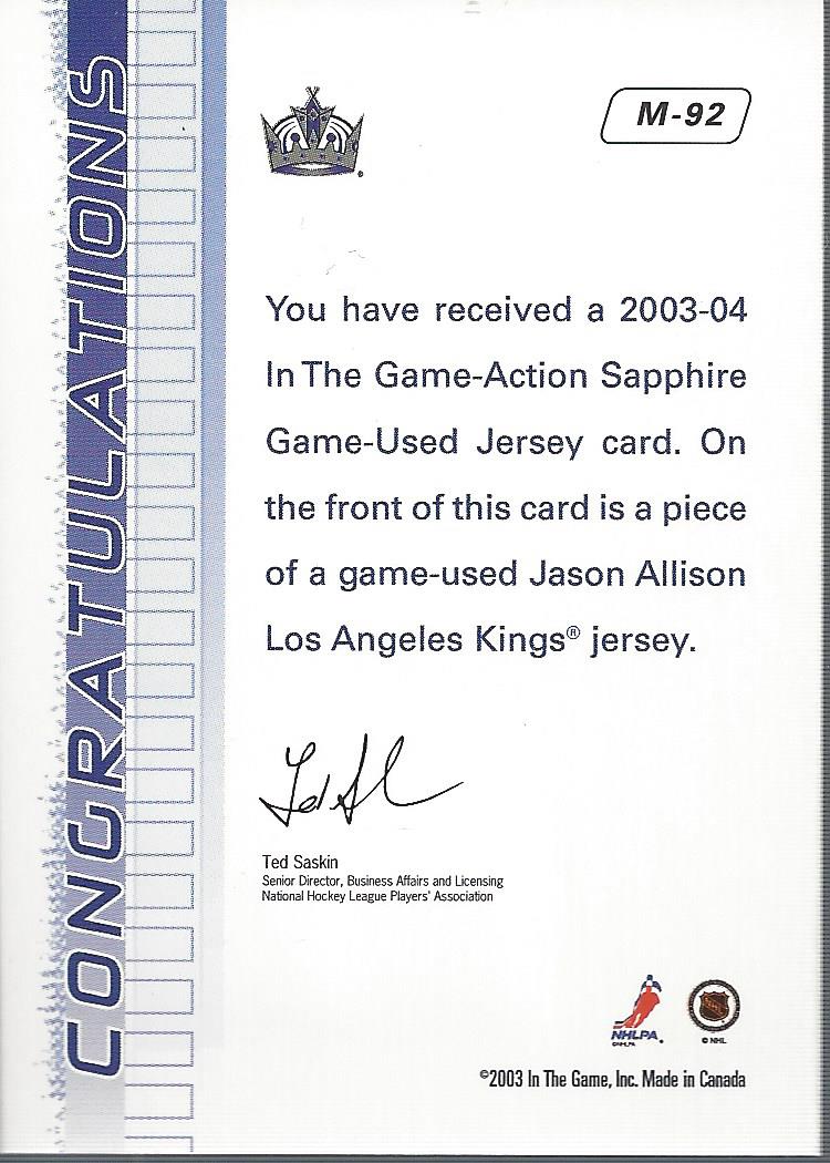 2003-04 ITG Action Jerseys #M92 Jason Allison back image