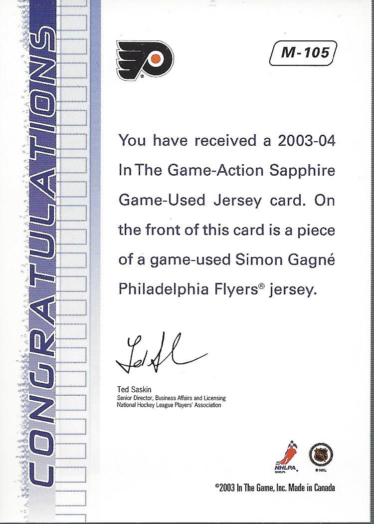 2003-04 ITG Action Jerseys #M105 Simon Gagne back image