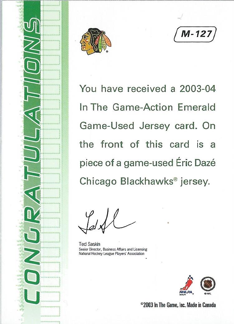 2003-04 ITG Action Jerseys #M127 Eric Daze back image