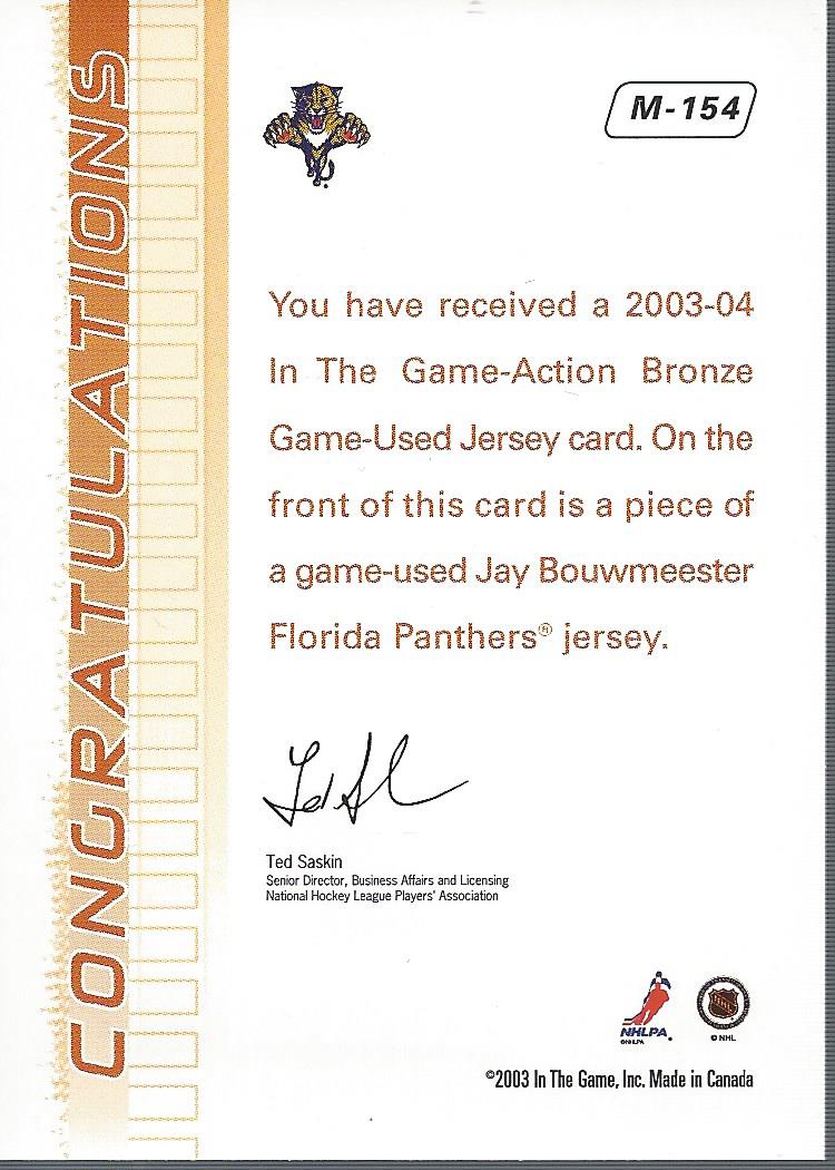 2003-04 ITG Action Jerseys #M154 Jay Bouwmeester back image