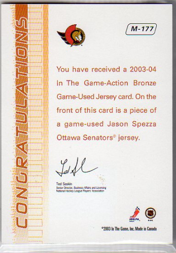 2003-04 ITG Action Jerseys #M177 Jason Spezza back image