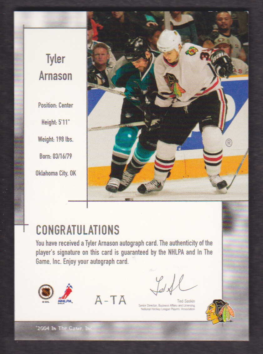 2003-04 ITG Used Signature Series Autographs #TA Tyler Arnason back image