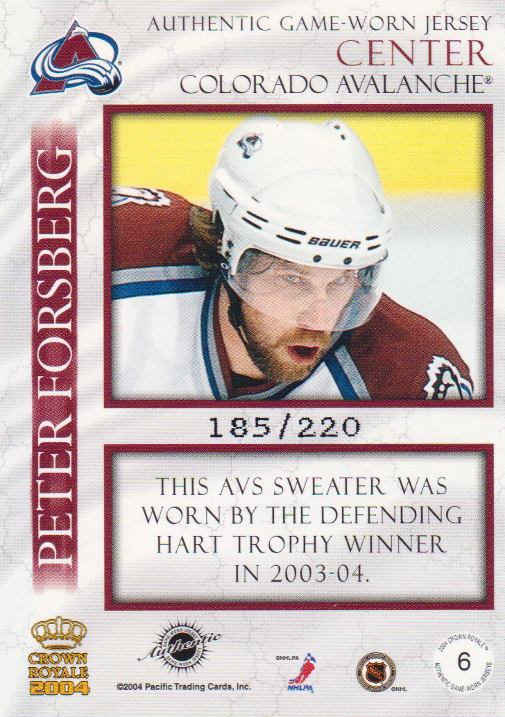 2003-04 Crown Royale Patches #6 Peter Forsberg back image