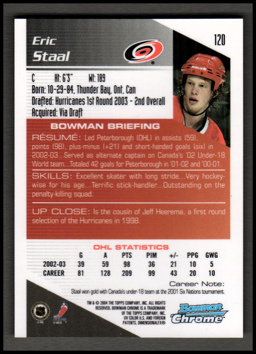 2003-04 Bowman Chrome #120 Eric Staal RC back image