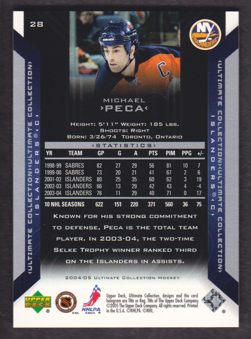 2004-05 Ultimate Collection #28 Michael Peca back image