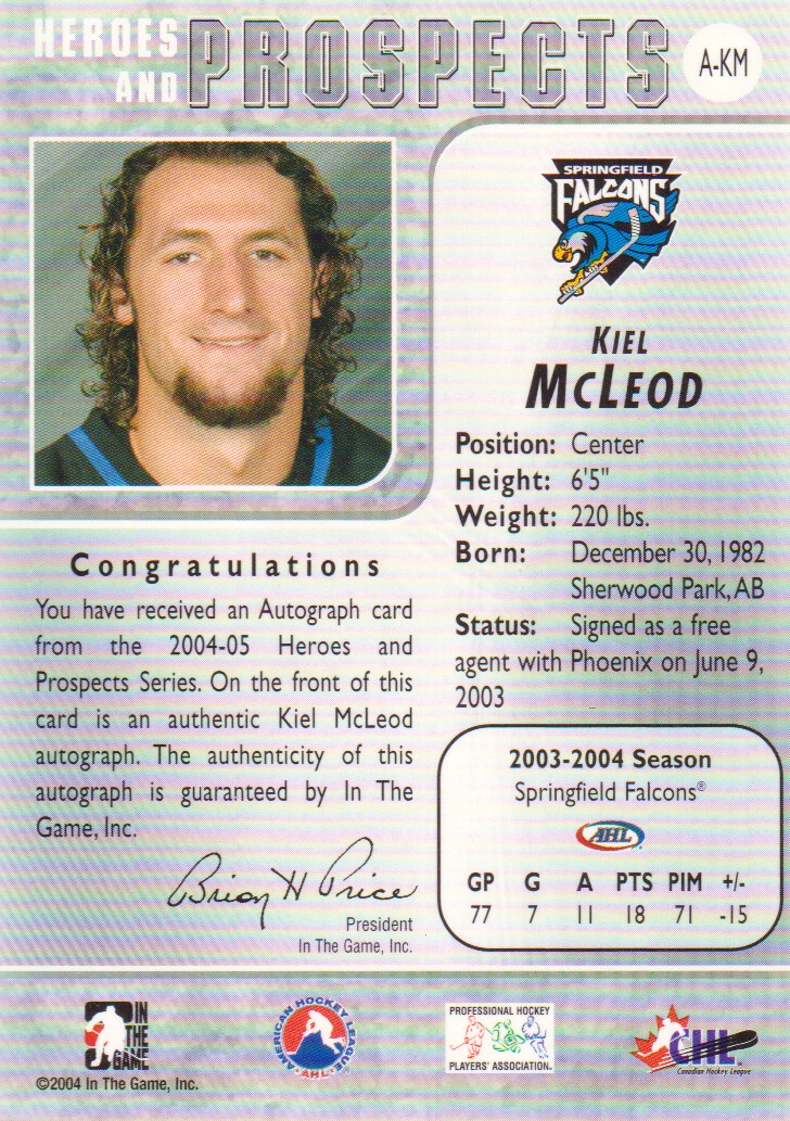 2004-05 ITG Heroes and Prospects Autographs #KM Kiel McLeod back image