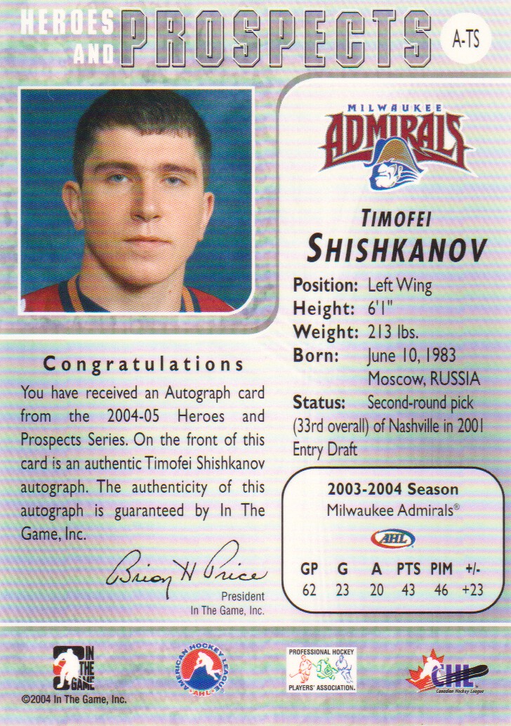 2004-05 ITG Heroes and Prospects Autographs #TS Timofei Shishkanov back image