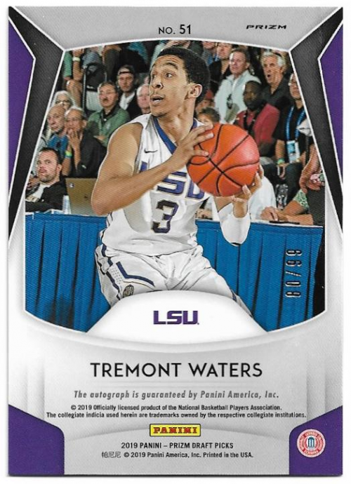 2019-20 Panini Prizm Draft Picks Autographs Prizms Red White and Blue #51 Tremont Waters/99 back image