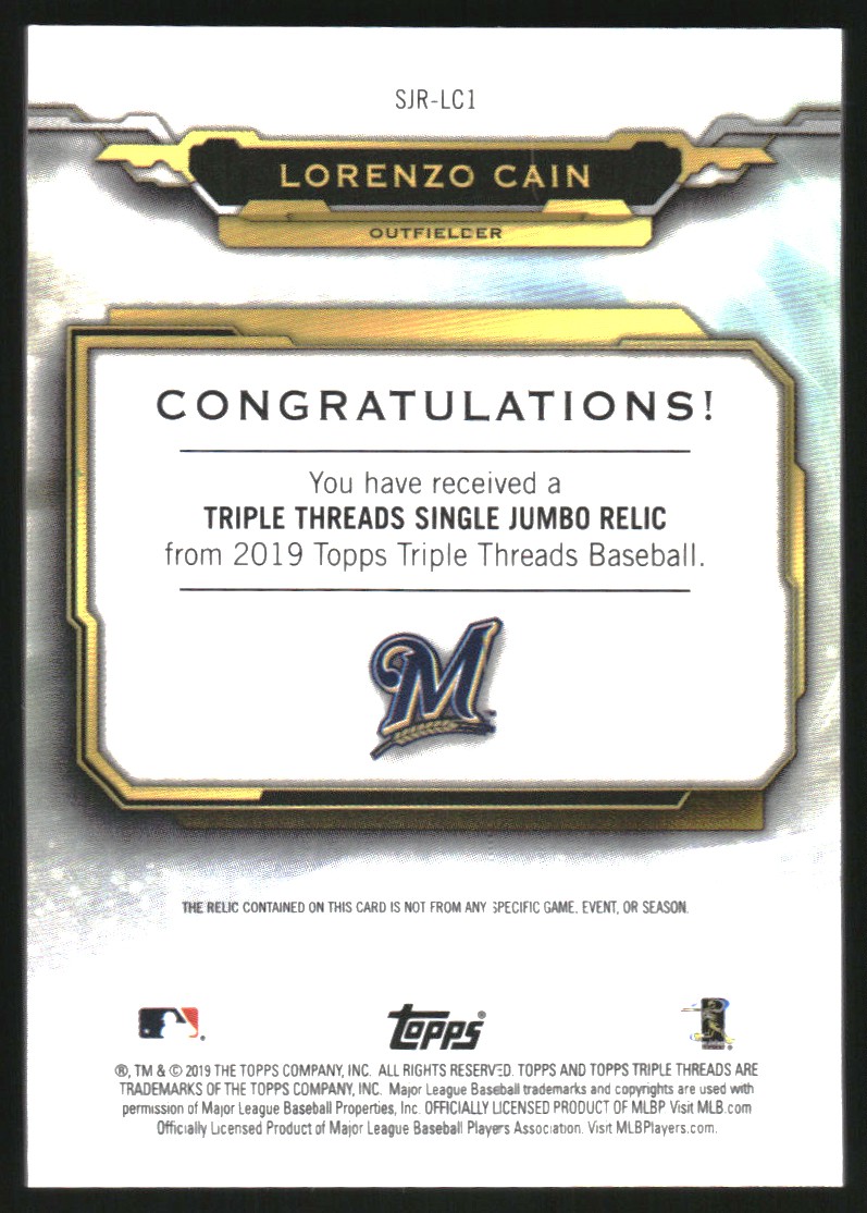 2019 Topps Triple Threads Single Jumbo Relics Emerald #SJRLC1 Lorenzo Cain