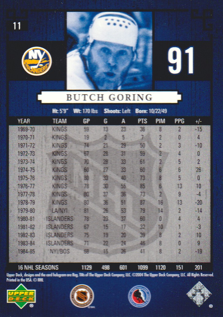 2004-05 UD Legends Classics #11 Butch Goring back image