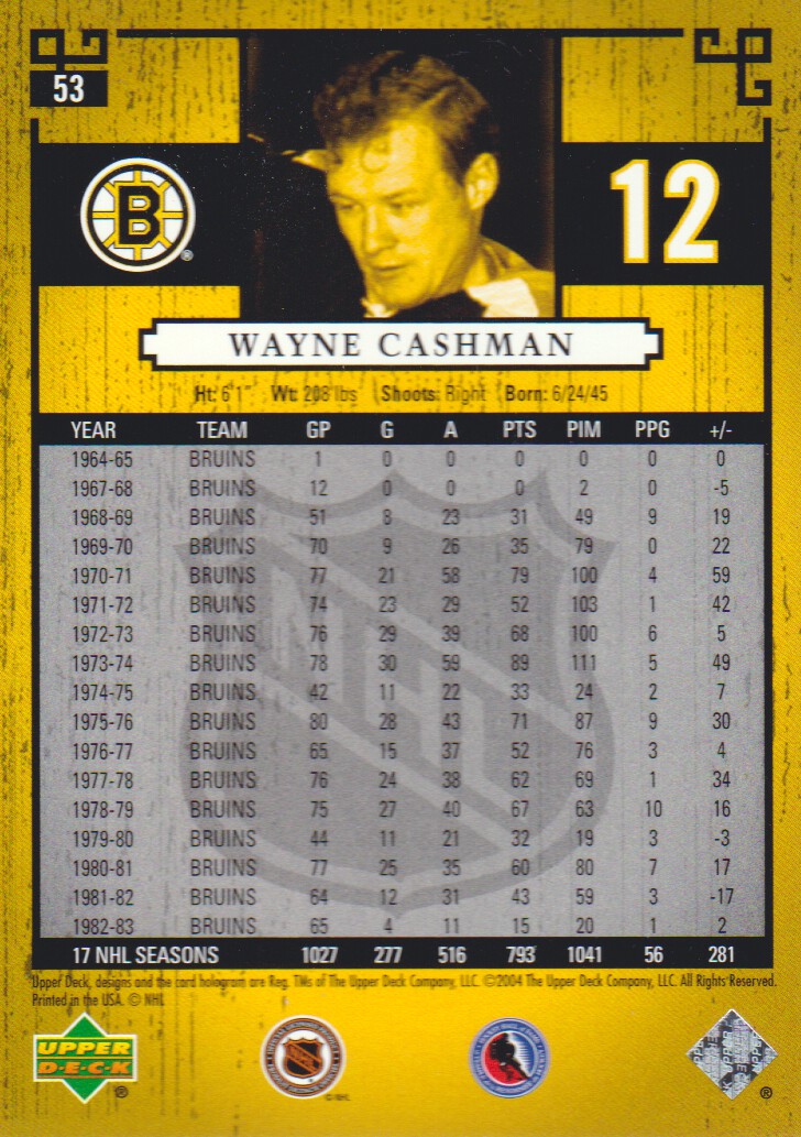 2004-05 UD Legends Classics #53 Wayne Cashman back image