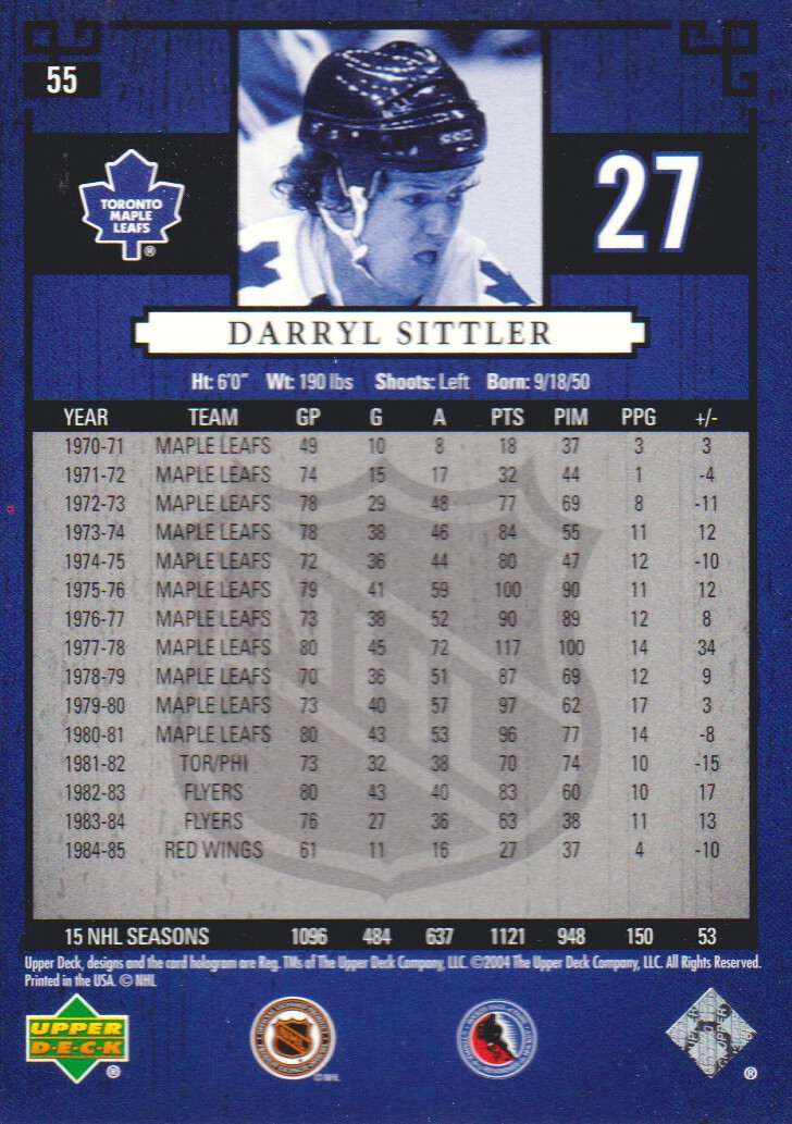 2004-05 UD Legends Classics #55 Darryl Sittler back image