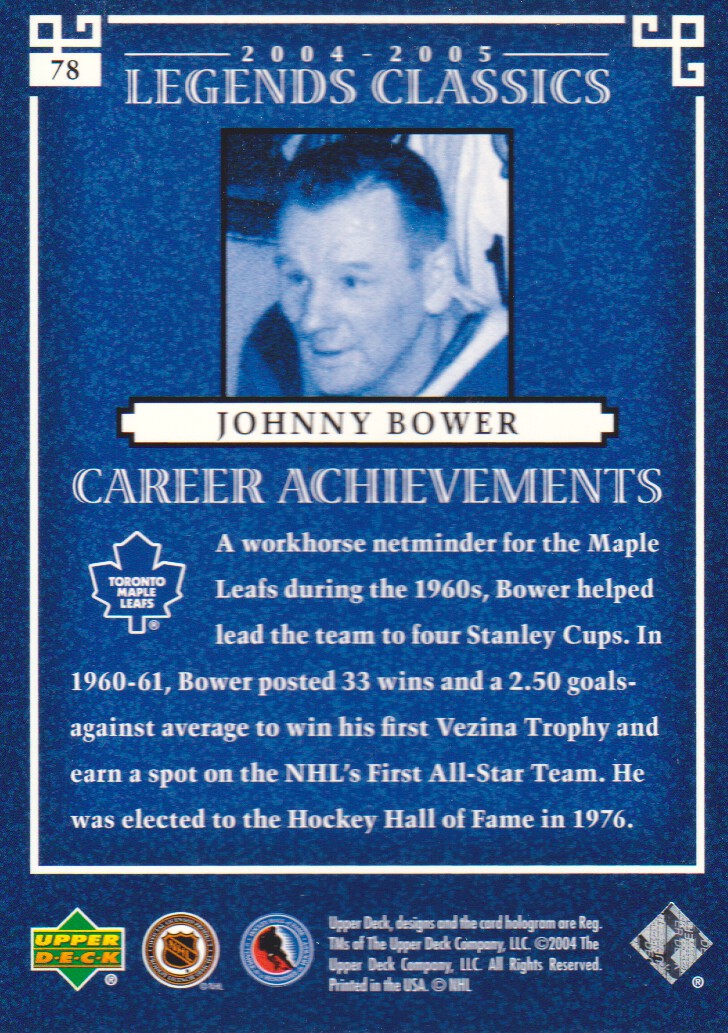 2004-05 UD Legends Classics #78 Johnny Bower back image