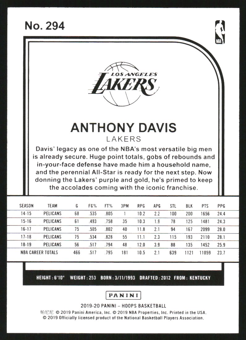 2019-20 Hoops Silver #294 Anthony Davis back image