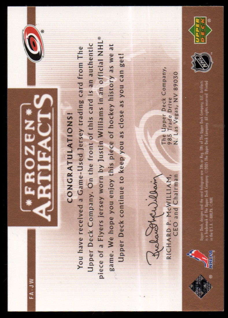 2005-06 Artifacts Frozen Artifacts Copper #FAJW Justin Williams back image