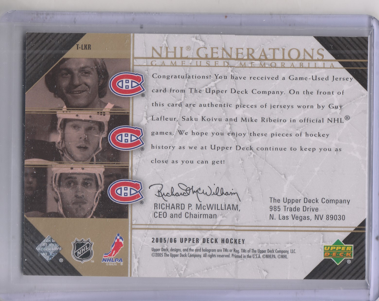2005-06 Upper Deck NHL Generations #TLKR Guy LaFleur/Saku Koivu/Mike Ribeiro back image