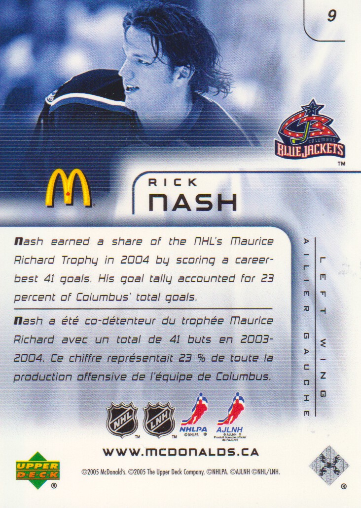 2005-06 McDonald's Upper Deck #9 Rick Nash back image