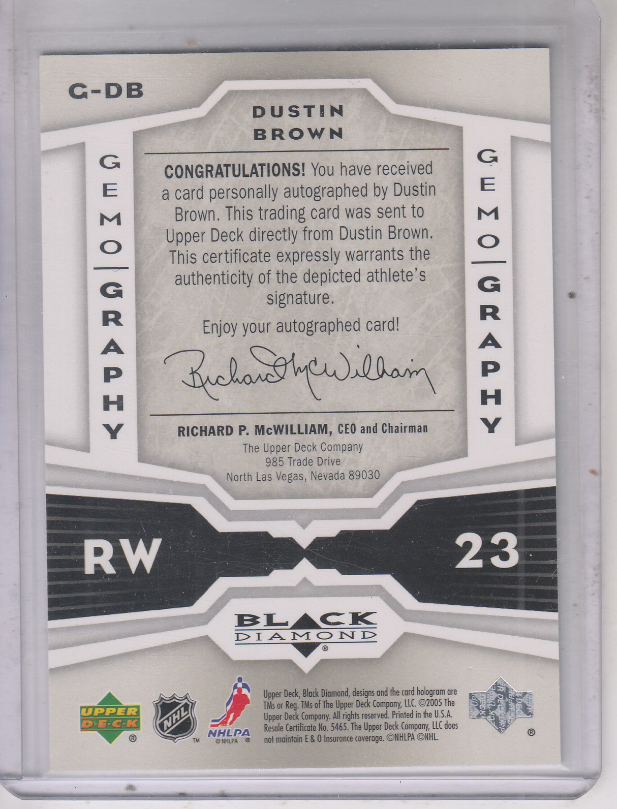 2005-06 Black Diamond Gemography #GDB Dustin Brown back image