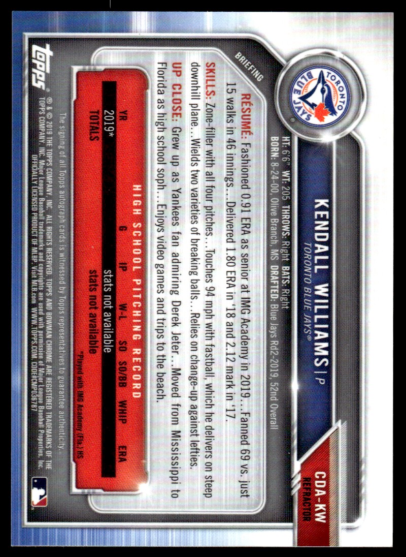 2019 Bowman Chrome Draft Autographs Refractors #CDAKW Kendall Williams