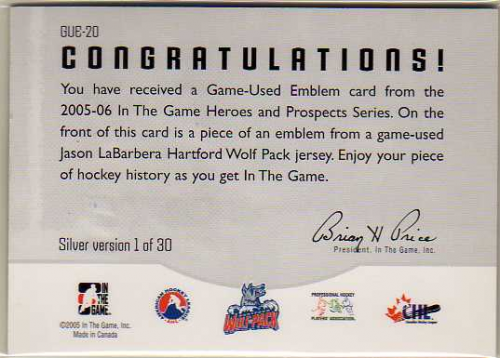2005-06 ITG Heroes and Prospects Emblems #GUE20 Jason LaBarbera back image