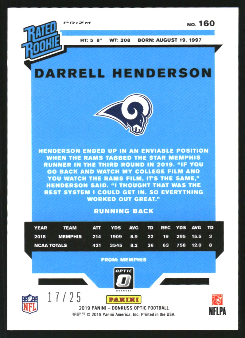 2019 Donruss Optic Purple Stars #160 Darrell Henderson RR