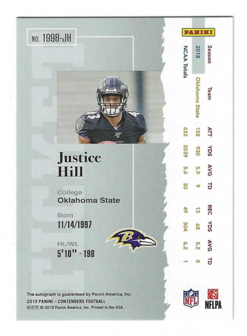 2019 Panini Contenders '98 Rookie Ticket Autographs Gold #1998JH Justice Hill back image