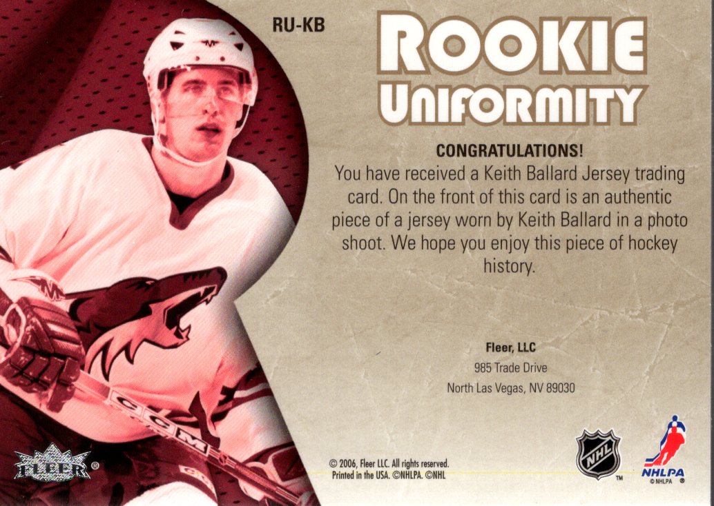 2005-06 Ultra Rookie Uniformity Jerseys #RUKB Keith Ballard back image