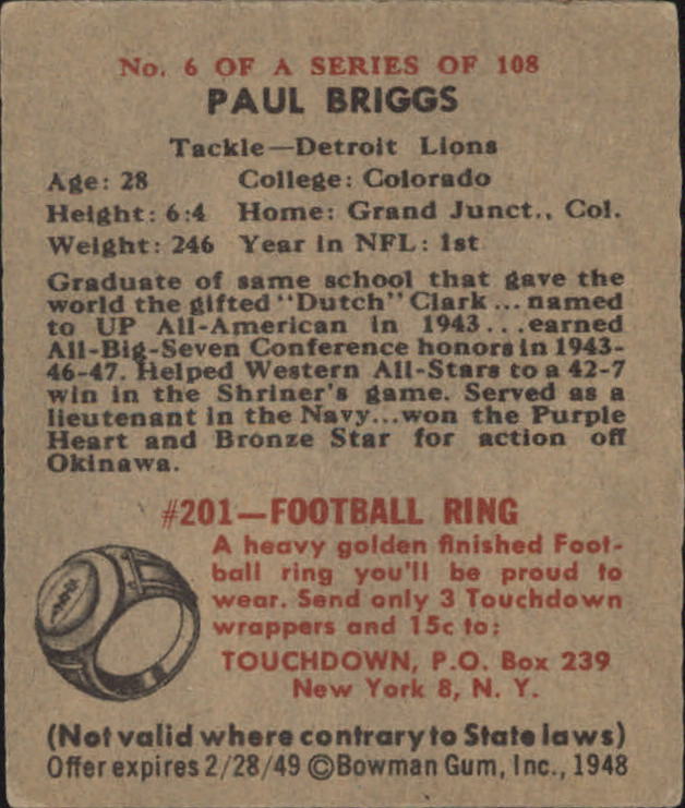 1948 Bowman #6 Paul Briggs SP RC back image