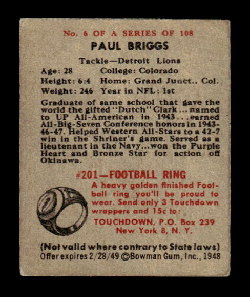 1948 Bowman #6 Paul Briggs SP RC back image