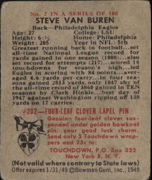 1948 Bowman #7 Steve Van Buren RC back image