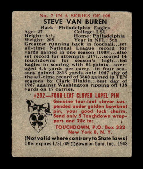 1948 Bowman #7 Steve Van Buren RC back image