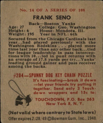 1948 Bowman #14 Frank Seno RC back image