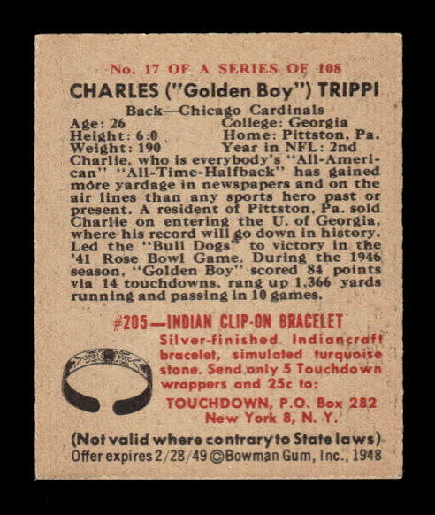 1948 Bowman #17 Charley Trippi RC back image