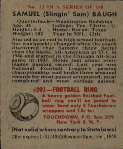 1948 Bowman #22 Sammy Baugh RC back image