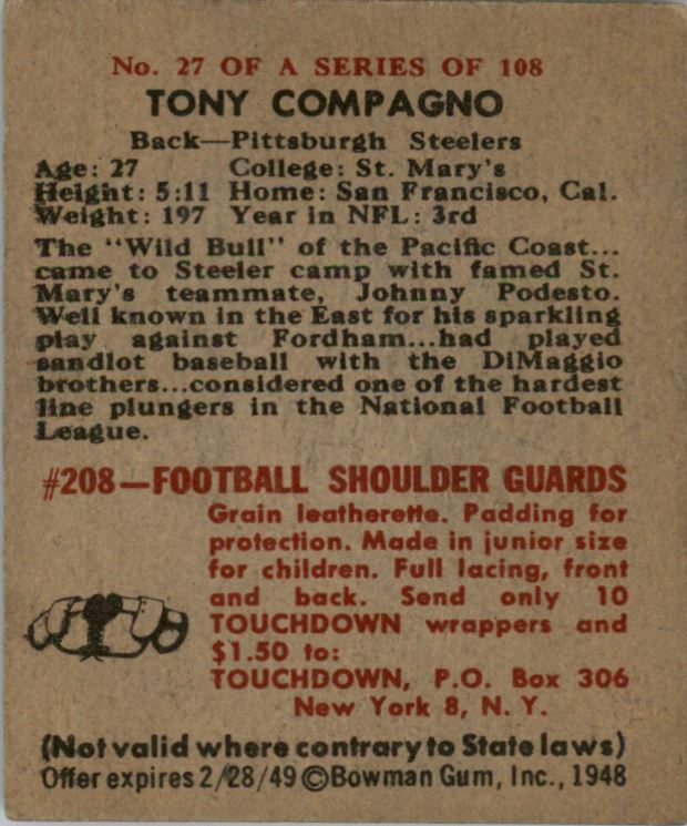 1948 Bowman #27 Tony Compagno SP RC back image