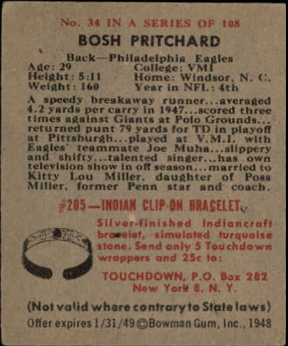 1948 Bowman #34 Bosh Pritchard RC back image
