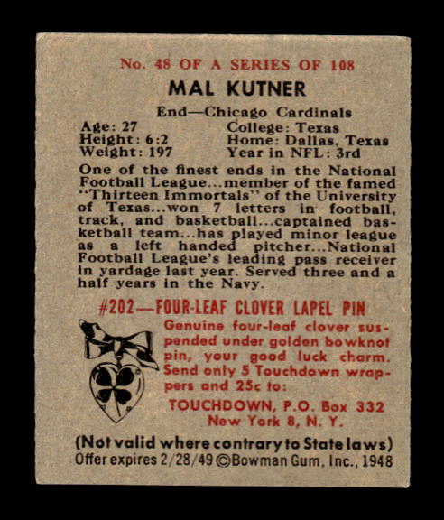 1948 Bowman #48 Mal Kutner SP RC back image