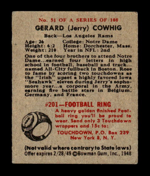 1948 Bowman #51 Gerald Cowhig SP RC