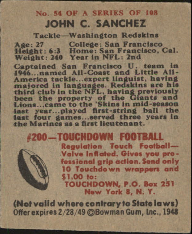 1948 Bowman #54 John Sanchez SP RC back image