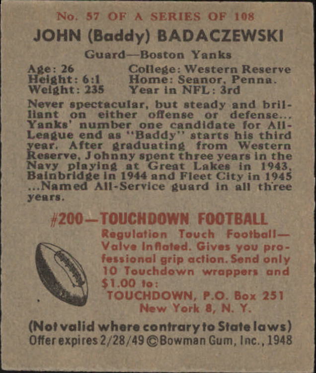 1948 Bowman #57 John Badaczewski SP back image