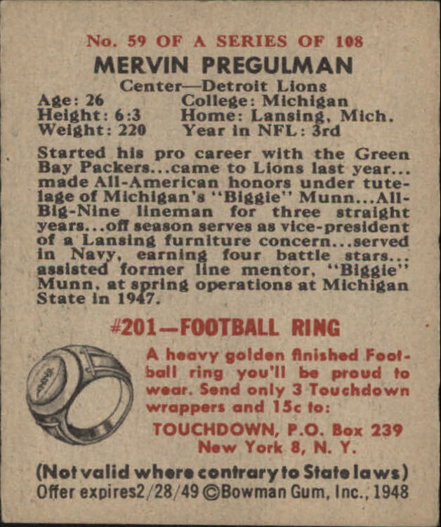 1948 Bowman #59 Mervin Pregulman RC back image