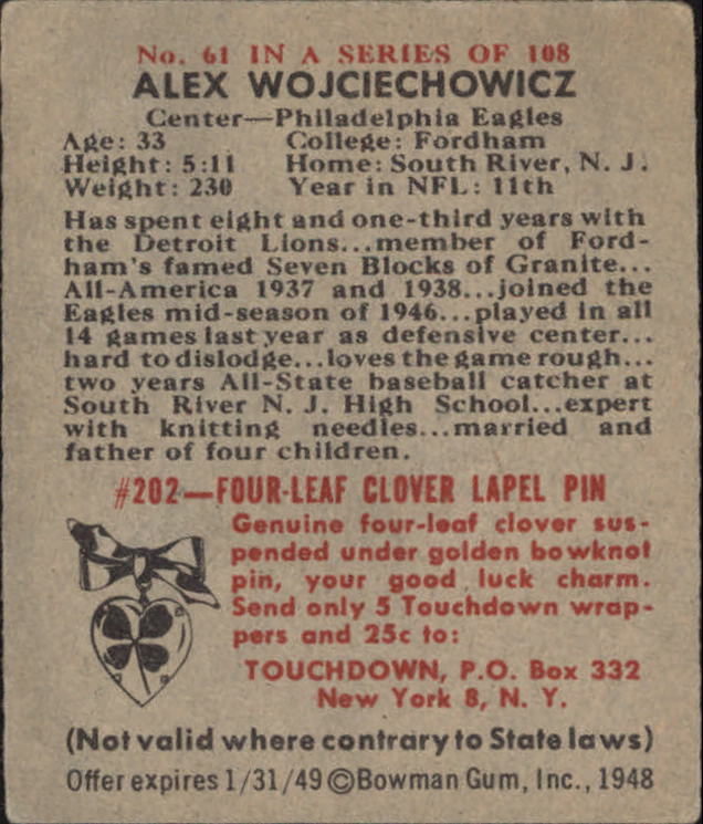 1948 Bowman #61 Alex Wojciechowicz RC back image
