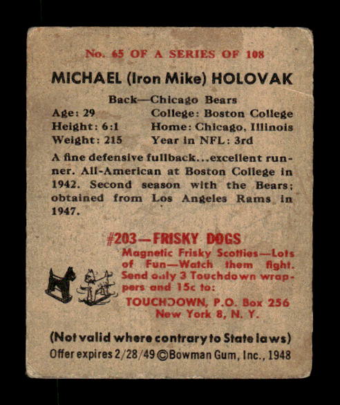 1948 Bowman #65 Mike Holovak RC back image