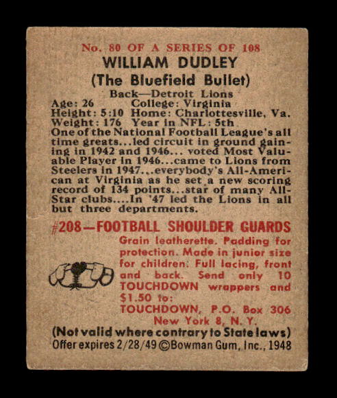 1948 Bowman #80 Bill Dudley RC back image