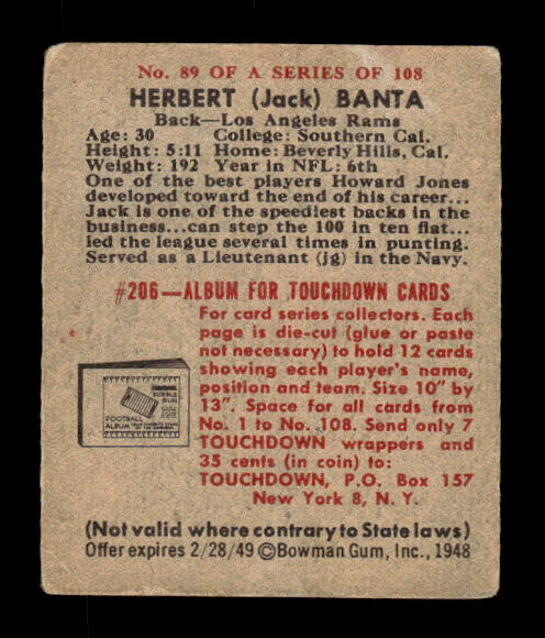 1948 Bowman #89 Herbert Banta RC back image