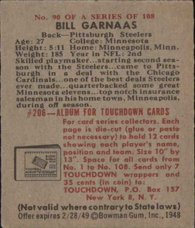 1948 Bowman #90 Bill Garnaas SP RC back image